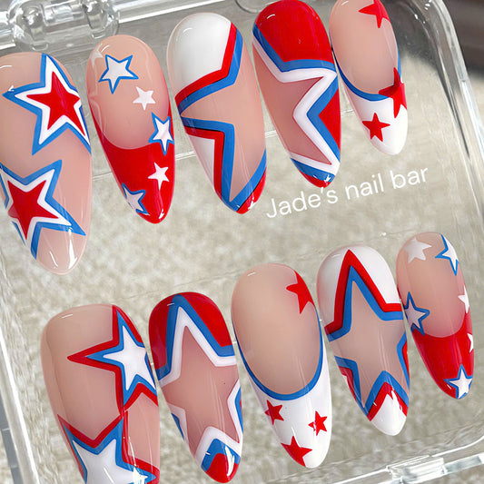 4th of July Almond Press On Nails | Red White Blue Star Independence Day Nails