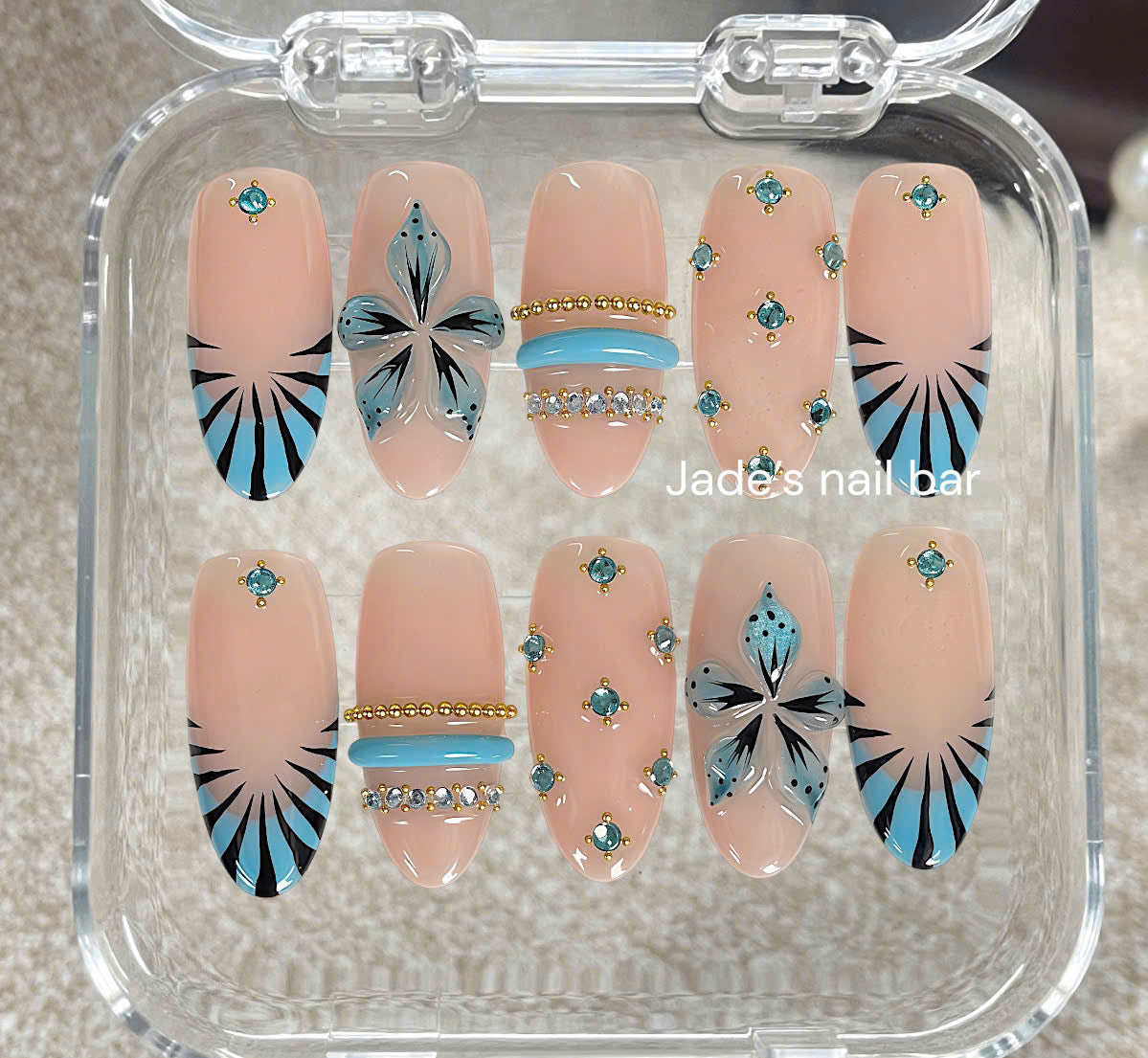 Blue Floral Press On Nails 3D Gold Chrome Design| Trendy Summer Nails