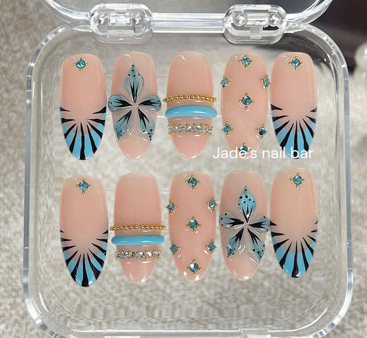 Blue Floral Press On Nails 3D Gold Chrome Design| Trendy Summer Nails