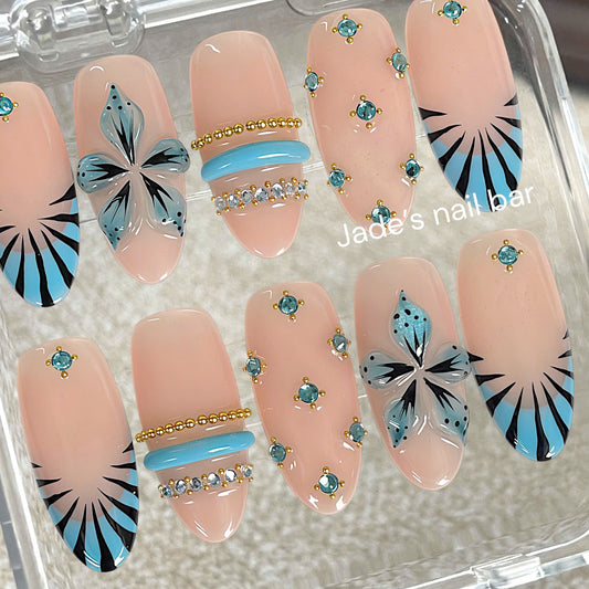 Blue Floral Press On Nails 3D Gold Chrome Design| Trendy Summer Nails