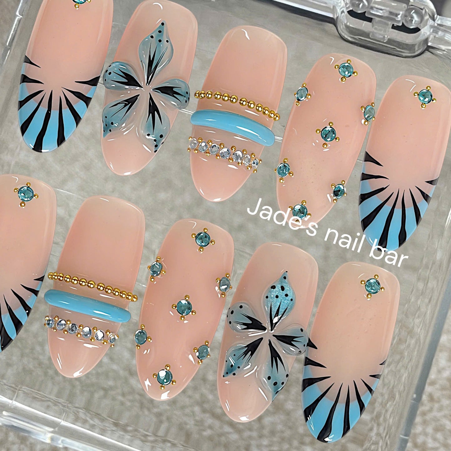 Blue Floral Press On Nails 3D Gold Chrome Design| Trendy Summer Nails