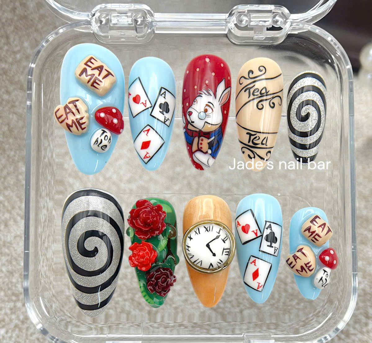 Halloween Press on Nails Alice in The Wonderland Inspired Design- Trendy 2026 Halloween Nails