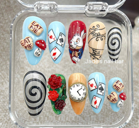 Halloween Press on Nails Alice in The Wonderland Inspired Design- Trendy 2026 Halloween Nails