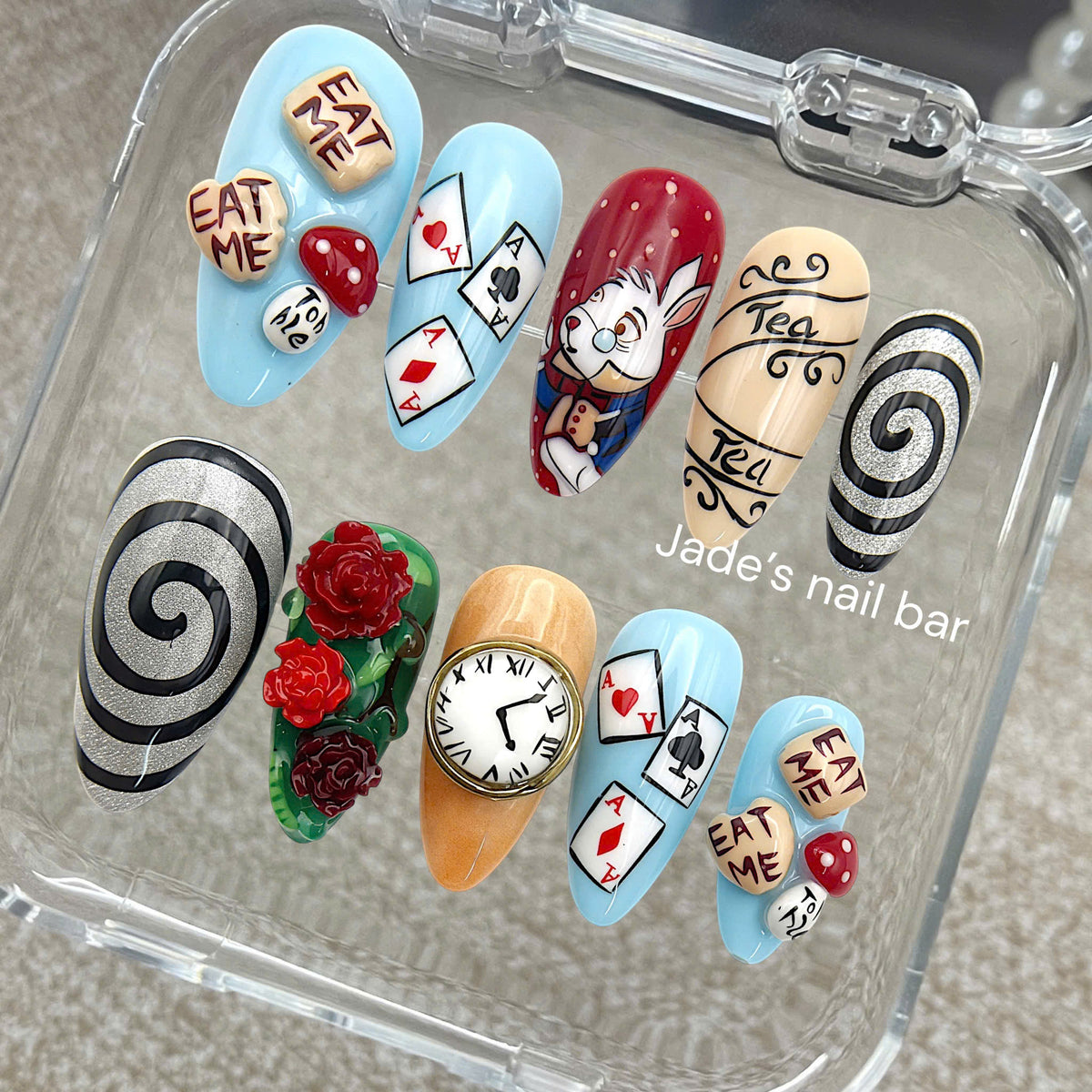 Halloween Press on Nails Alice in The Wonderland Inspired Design- Trendy 2026 Halloween Nails