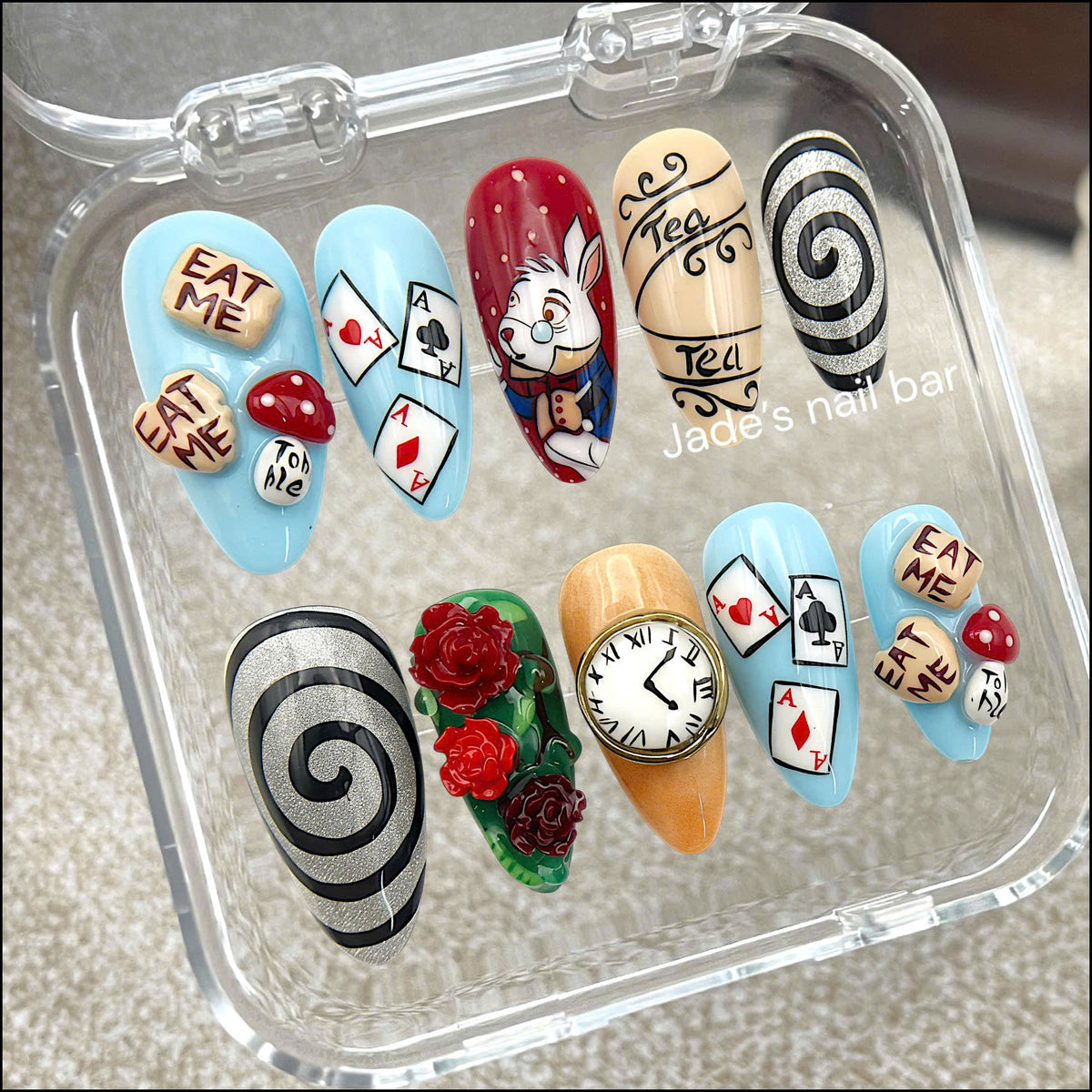 Halloween Press on Nails Alice in The Wonderland Inspired Design- Trendy 2026 Halloween Nails