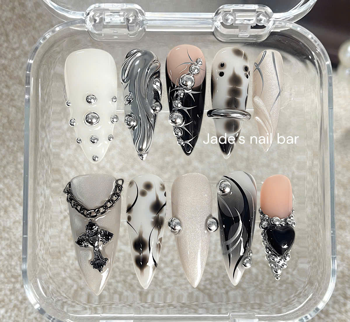 Luxury Gothic Chrome Press On Nails| Silver Cross Cyberpunk Stiletto Nails