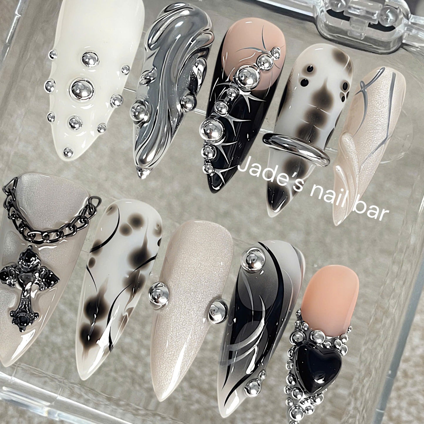 Luxury Gothic Chrome Press On Nails| Silver Cross Cyberpunk Stiletto Nails