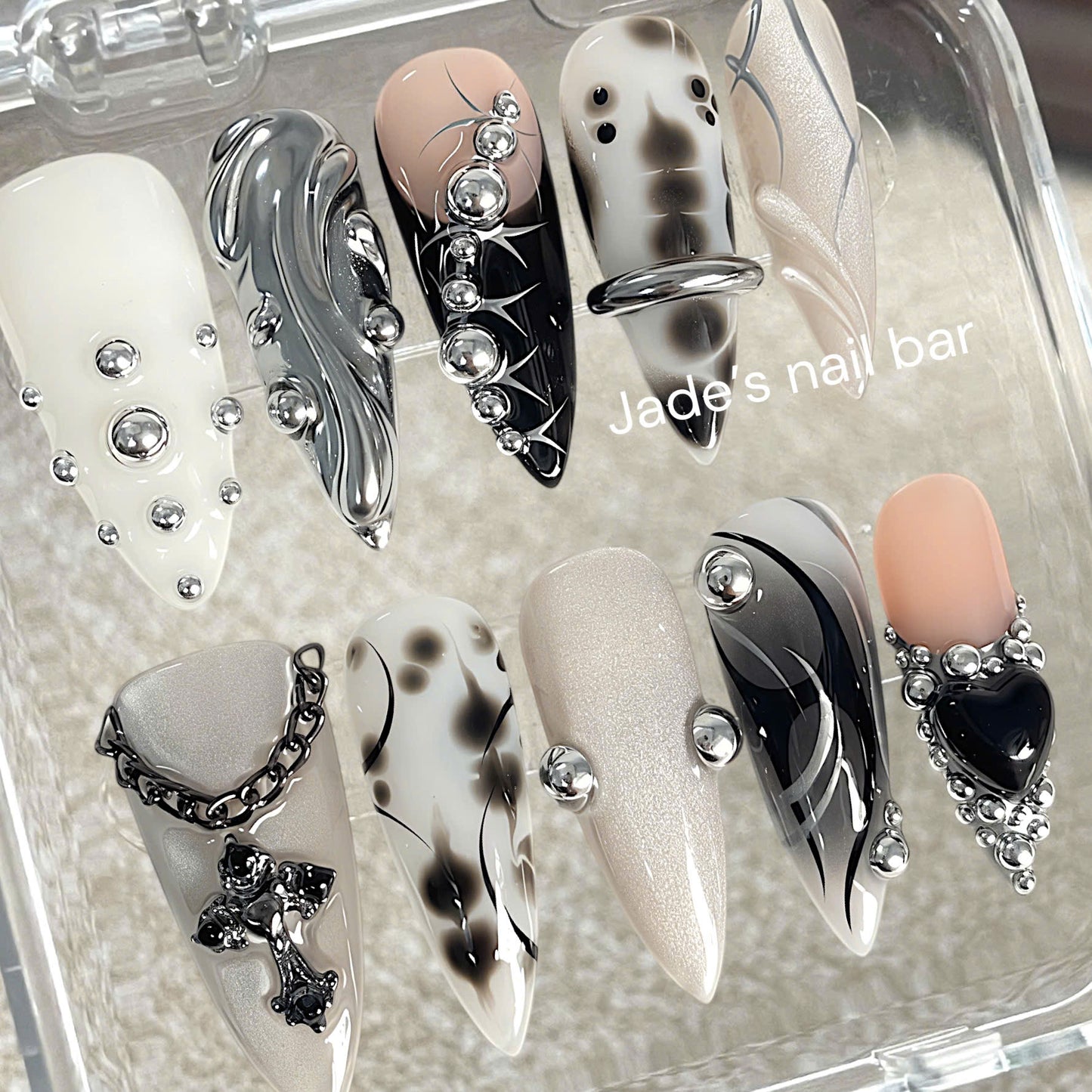 Luxury Gothic Chrome Press On Nails| Silver Cross Cyberpunk Stiletto Nails