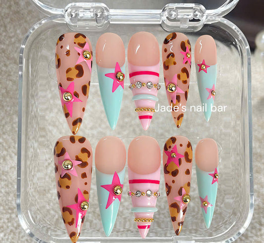 Gyaru Press On Nails | Pink & Mint Leopard Print Handmade Reusable Gel Press On Nails
