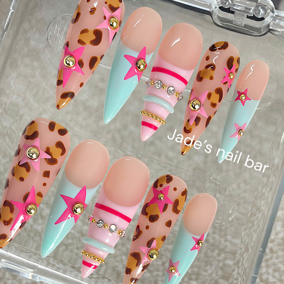 Gyaru Press On Nails | Pink & Mint Leopard Print Handmade Reusable Gel Press On Nails