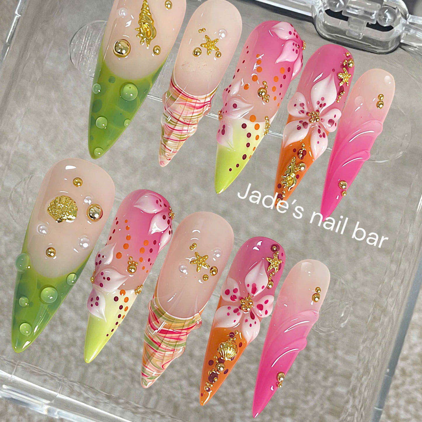 Tropical Beach 3D Flower Press On Nails | Neon Pink & Lime Green Stiletto Nails
