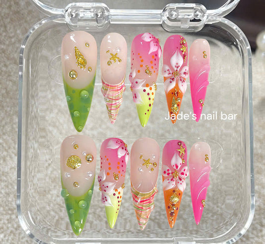 Tropical Beach 3D Flower Press On Nails | Neon Pink & Lime Green Stiletto Nails