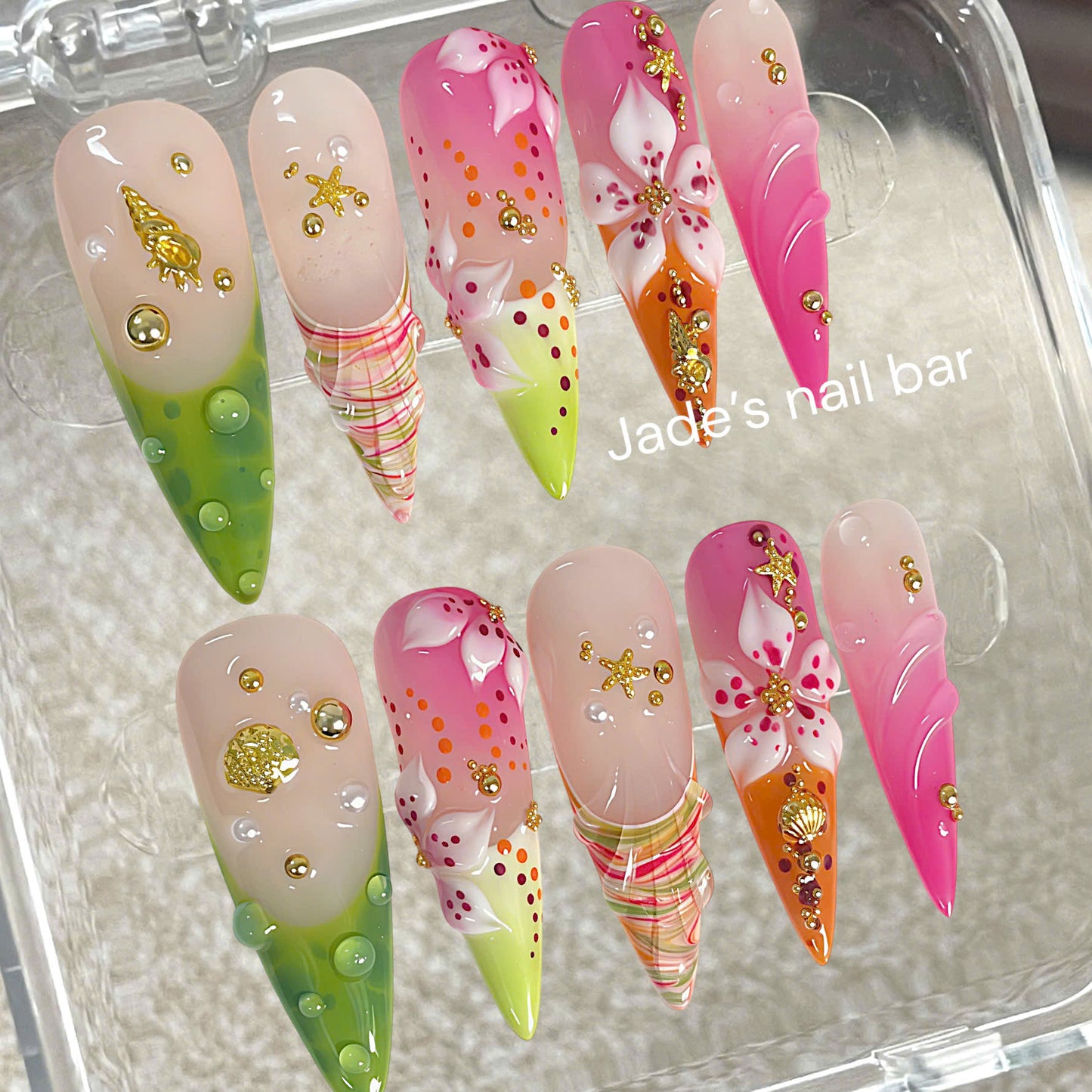Tropical Beach 3D Flower Press On Nails | Neon Pink & Lime Green Stiletto Nails