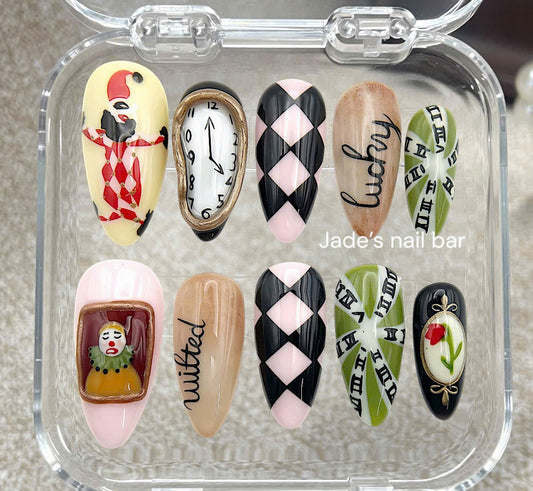 Vintage Jester & Clock Handcrafted Press-On Nails Halloween Circus Core Nail Art