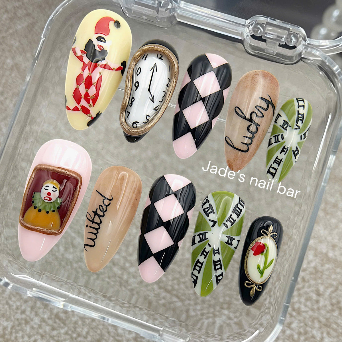 Vintage Jester & Clock Handcrafted Press-On Nails Halloween Circus Core Nail Art