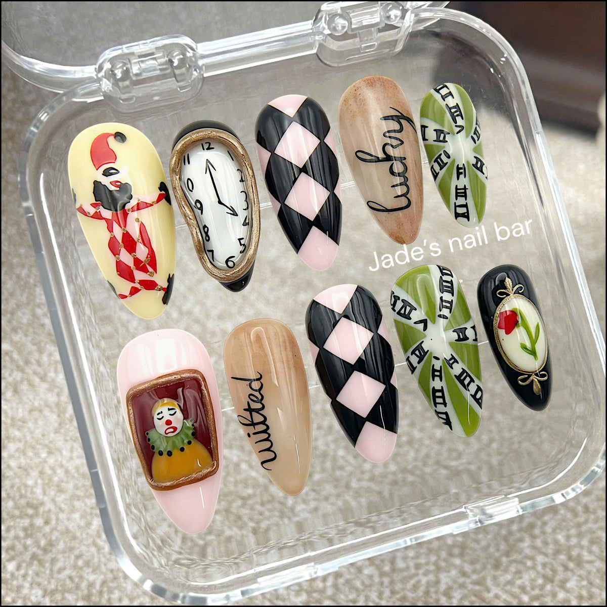 Vintage Jester & Clock Handcrafted Press-On Nails Halloween Circus Core Nail Art