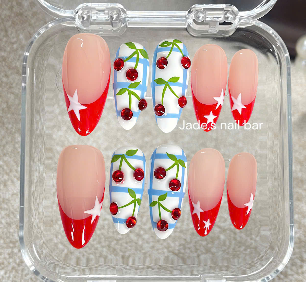 Cherry Picnic Summer Press On Nails | Retro Red French Tip Gingham Handmade Nails