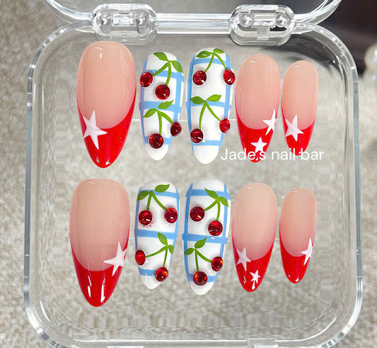 Cherry Picnic Summer Press On Nails | Retro Red French Tip Gingham Handmade Nails