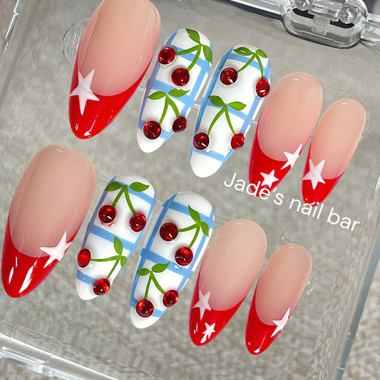 Cherry Picnic Summer Press On Nails | Retro Red French Tip Gingham Handmade Nails