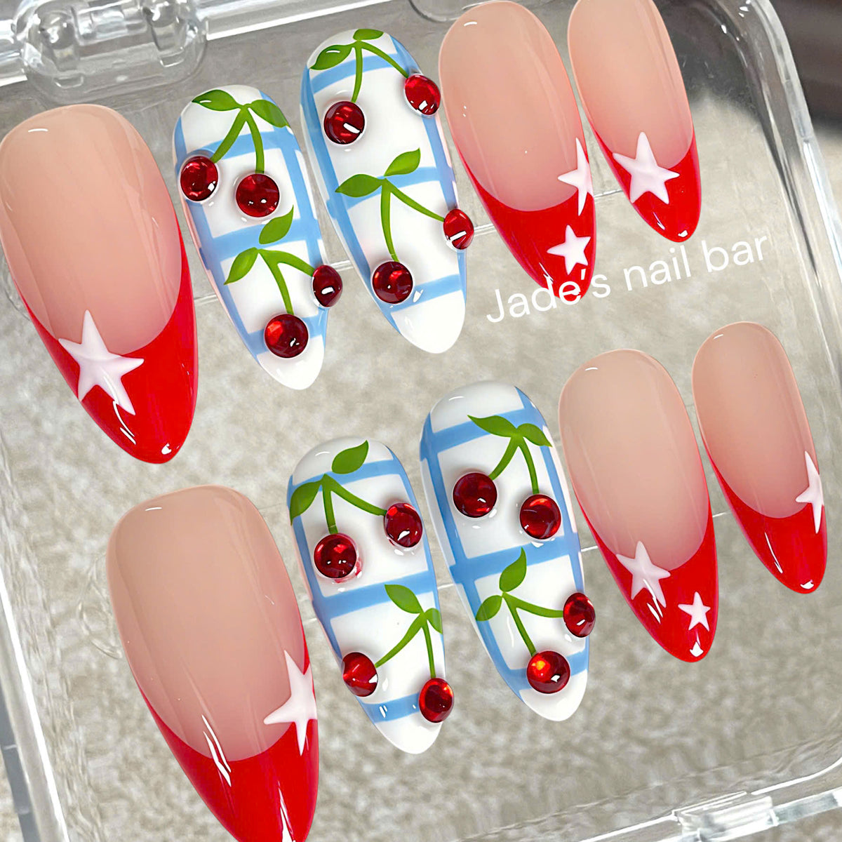 Cherry Picnic Summer Press On Nails | Retro Red French Tip Gingham Handmade Nails