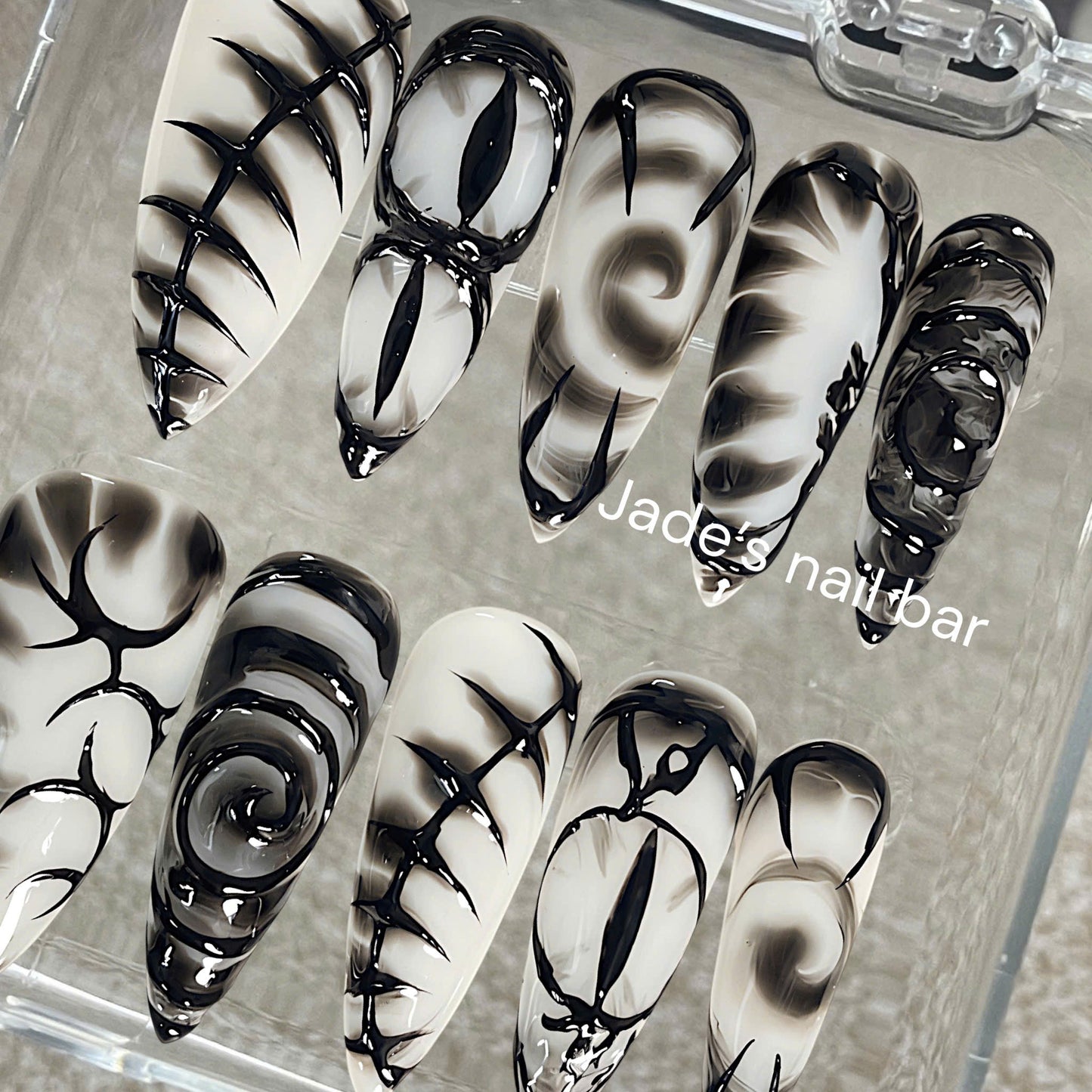Y2K Black & White Chrome Press On Nails| Abstract Swirl Long Stiletto Nail Set