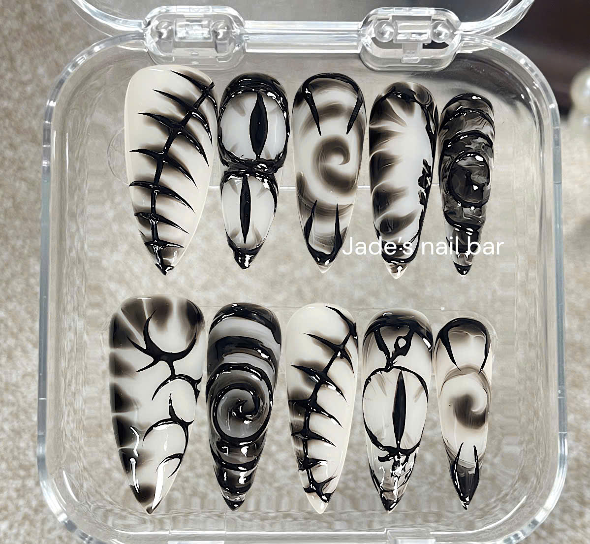 Y2K Black & White Chrome Press On Nails| Abstract Swirl Long Stiletto Nail Set