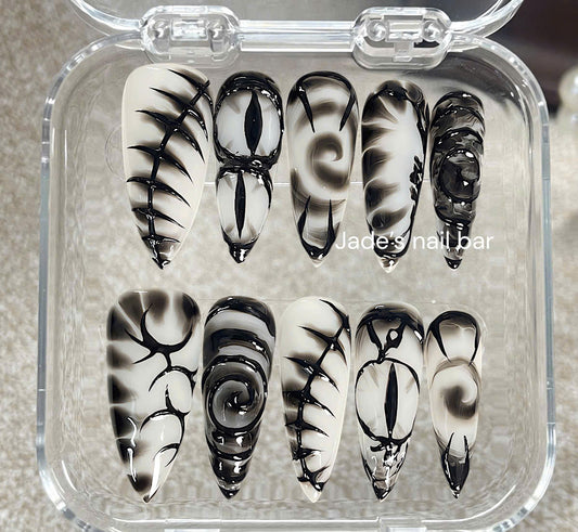 Y2K Black & White Chrome Press On Nails| Abstract Swirl Long Stiletto Nail Set