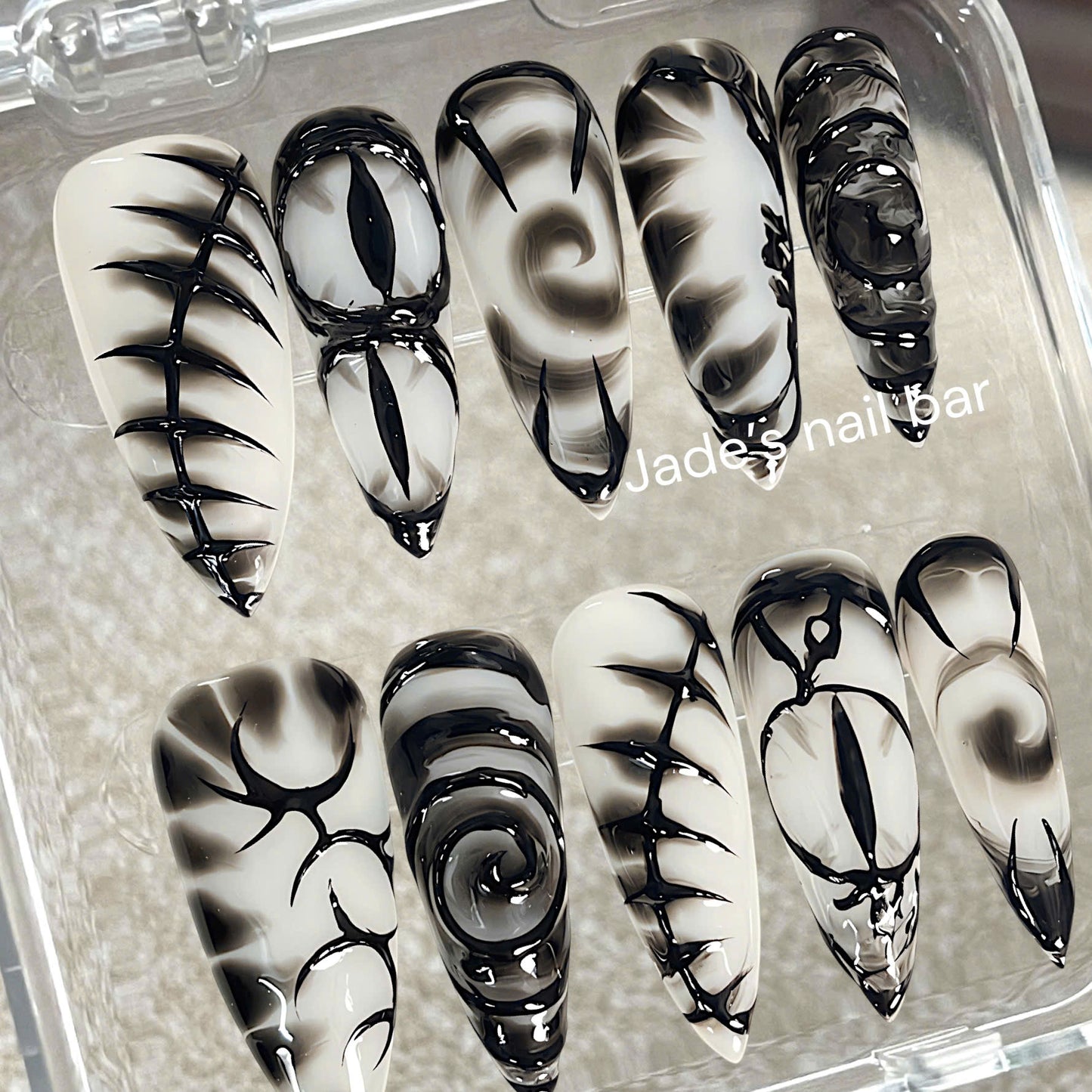 Y2K Black & White Chrome Press On Nails| Abstract Swirl Long Stiletto Nail Set