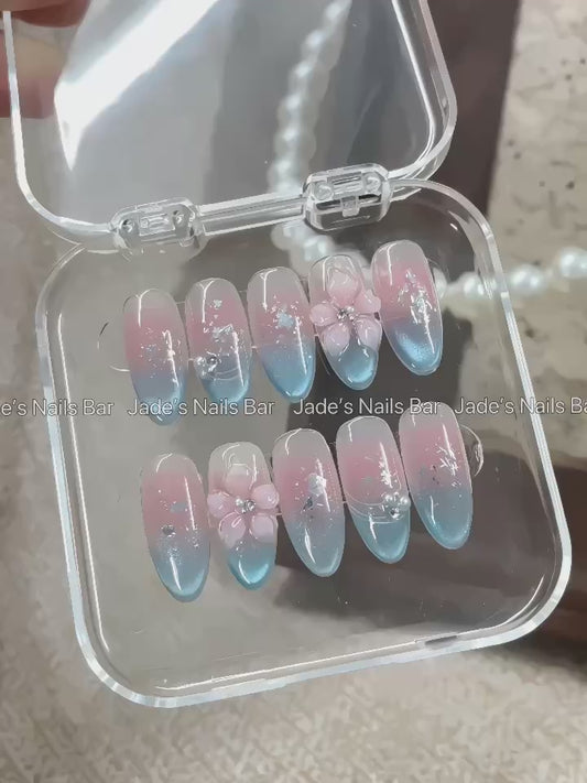 3D Sakura Press on Nails | Blue Cat Eye Ombre Fake Nails