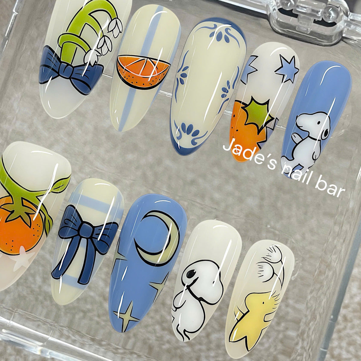 Cute Cartoon Press On Nails | Orange & Blue Bow Handmade Nails