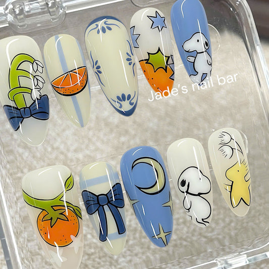 Cute Cartoon Press On Nails | Orange & Blue Bow Handmade Nails
