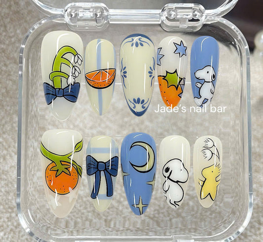 Cute Cartoon Press On Nails | Orange & Blue Bow Handmade Nails