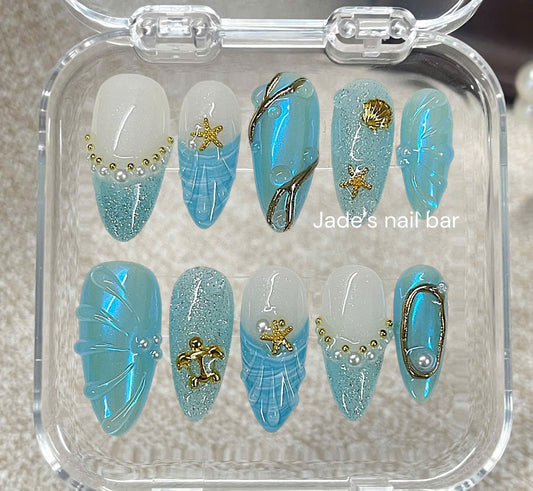 Mermaid Press On Nails | Blue Ocean Pearl & 3D Starfish Handmade Reusable Nails