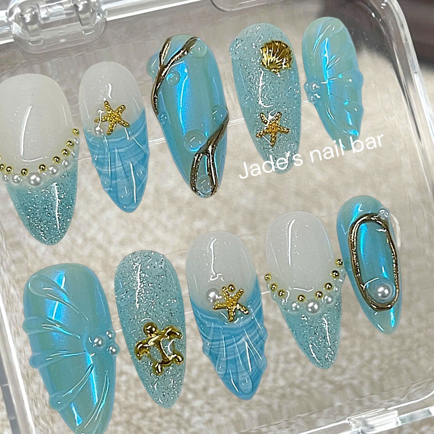 Mermaid Press On Nails | Blue Ocean Pearl & 3D Starfish Handmade Reusable Nails