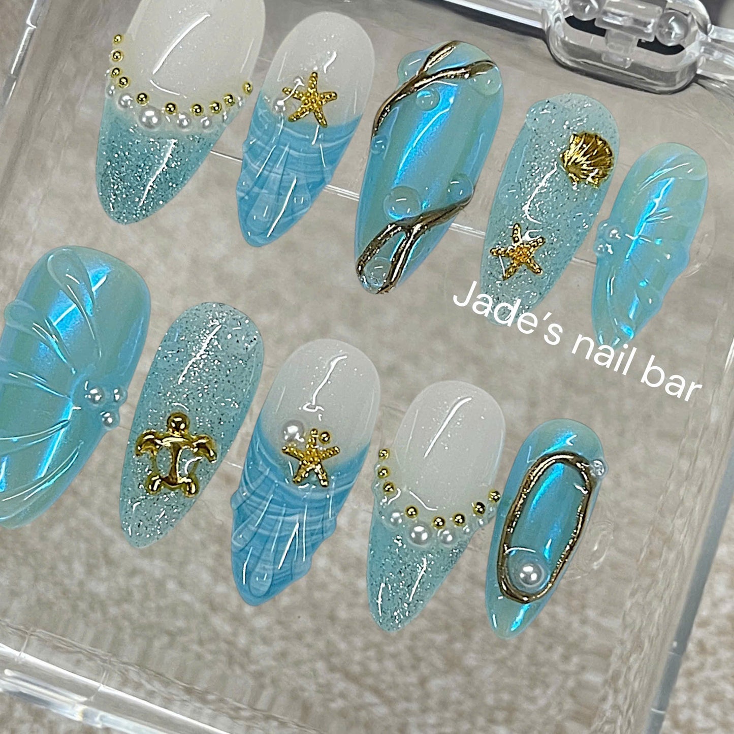Mermaid Press On Nails | Blue Ocean Pearl & 3D Starfish Handmade Reusable Nails
