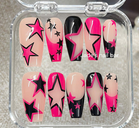 Y2K Star Press On Nails | Neon Pink & Black Design, Reusable Fake Nails