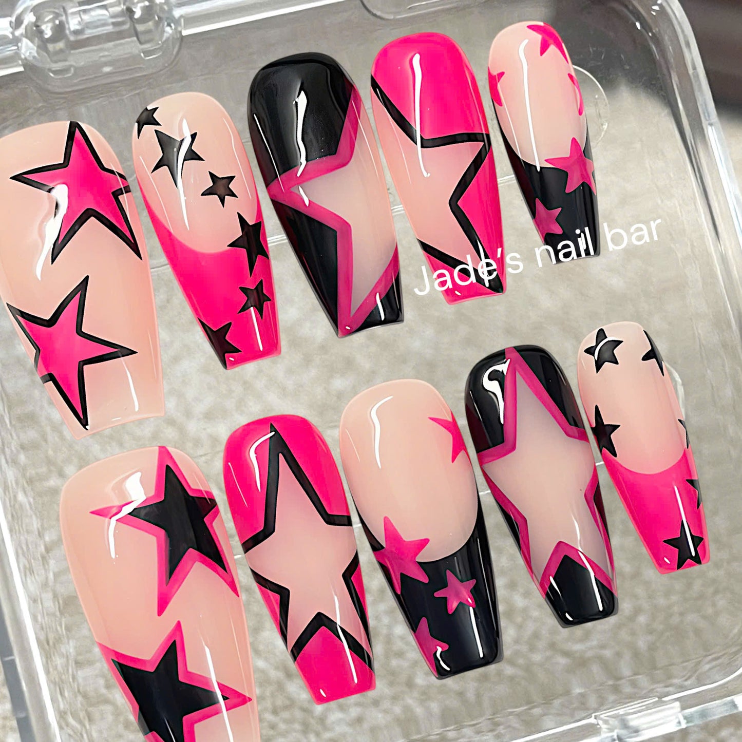 Y2K Star Press On Nails | Neon Pink & Black Design, Reusable Fake Nails