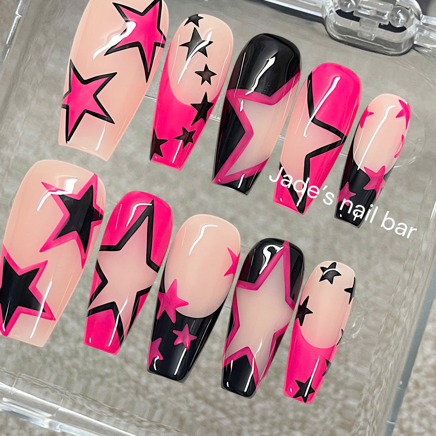 Y2K Star Press On Nails | Neon Pink & Black Design, Reusable Fake Nails
