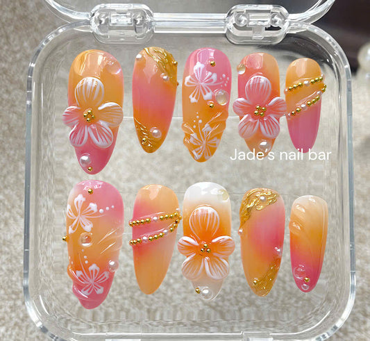 Summer Ombre Press On Nails, 3D Floral Pink & Yellow Nails, Tropical Beach Vacation Nail Set