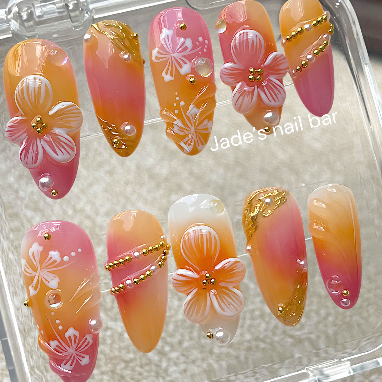 Summer Ombre Press On Nails, 3D Floral Pink & Yellow Nails, Tropical Beach Vacation Nail Set
