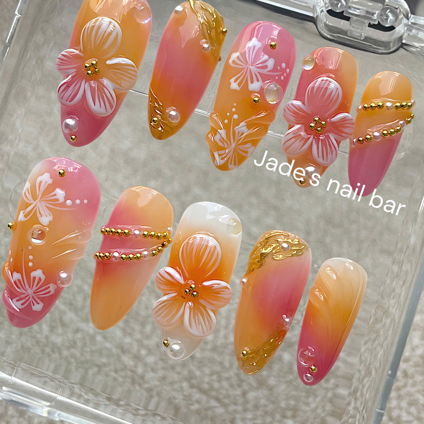 Summer Ombre Press On Nails, 3D Floral Pink & Yellow Nails, Tropical Beach Vacation Nail Set